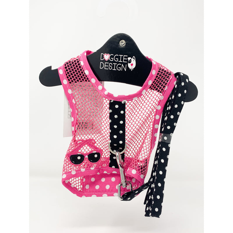 Doggie Design Sunglasses Pink and Black Polka Dot Cool Mesh Harness with Leash