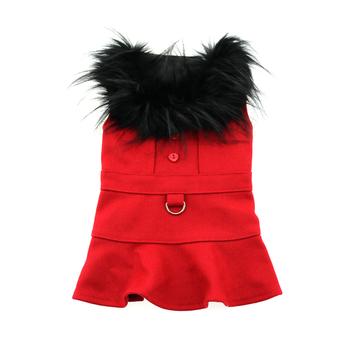 Doggie Design Red Wool Fur-Trimmed Dog Harness Coat